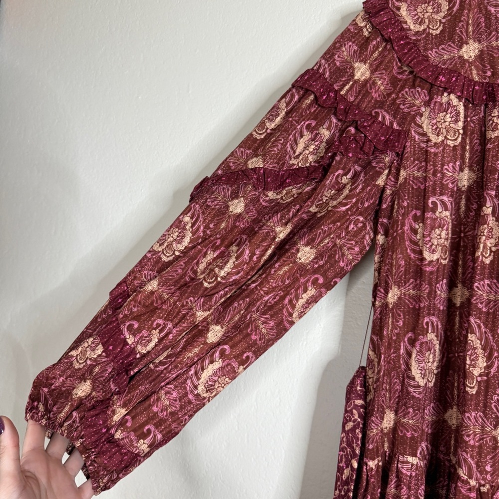 ULLA JOHNSON maroon floral amaranthus Brita ruffled maxi dress SIZE 8 - Picture 5 of 10